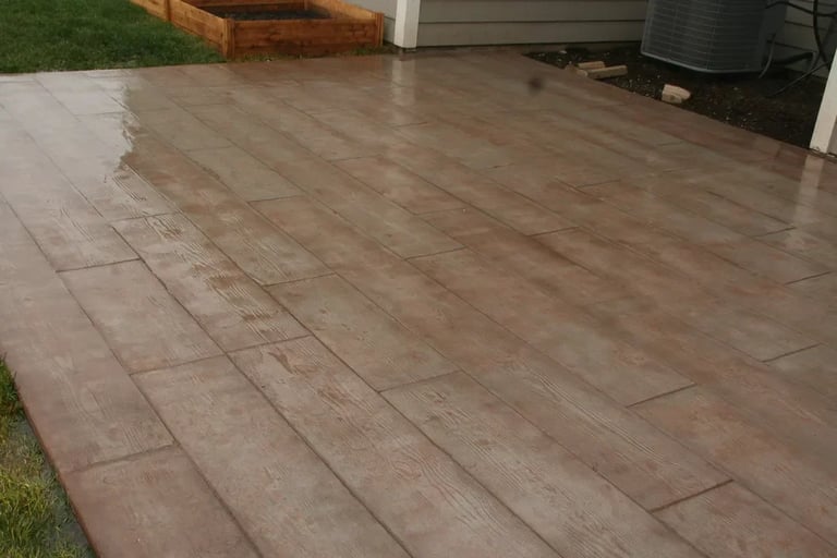 Wet stamped concrete patio with wood-grain pattern next to garage and green lawn